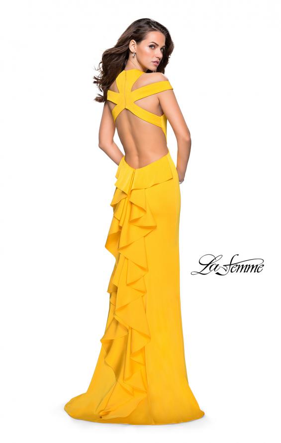 Picture of: Long Jersey Prom Dress with Ruffle Detail and Slit in Yellow, Style: 25971, Detail Picture 2