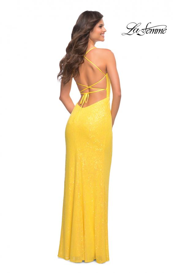 Picture of: Bright Draped Slit Long Sequin Gown with Lace Up Back in Yellow, Style: 30747, Detail Picture 2