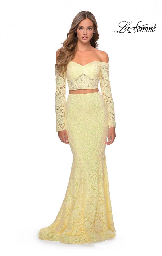 Picture of: Lace Sleeve Lace and Sequin Two Piece Prom Dress in Yellow, Style: 28666, Detail Picture 3