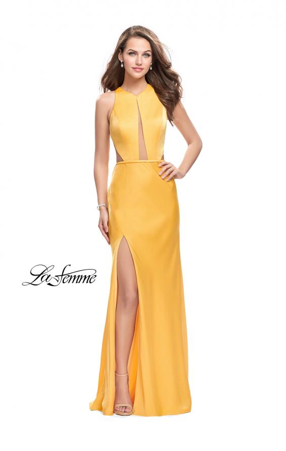 Picture of: Satin Prom Gown with High Neck and Side Cut Outs in Yellow, Style: 26005, Detail Picture 2