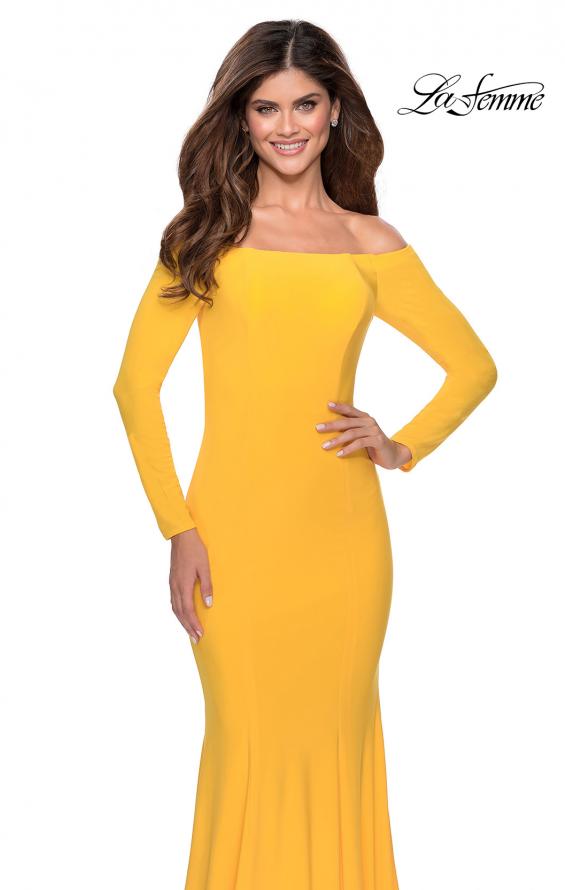 Picture of: Off the Shoulder Long Sleeve Jersey Prom Dress in Yellow, Style: 28754, Detail Picture 4