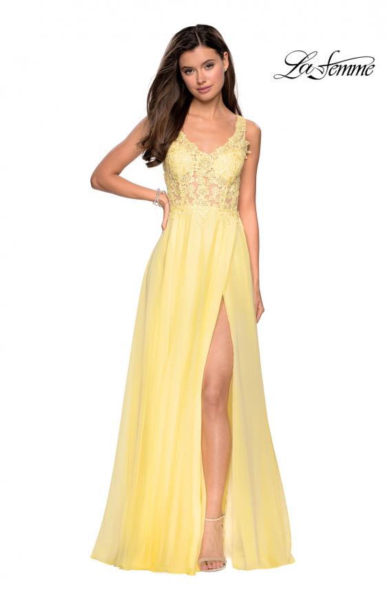 Picture of: Floor Length Chiffon Prom Dress with Sheer Floral Bodice in Yellow, Style: 27751, Detail Picture 5