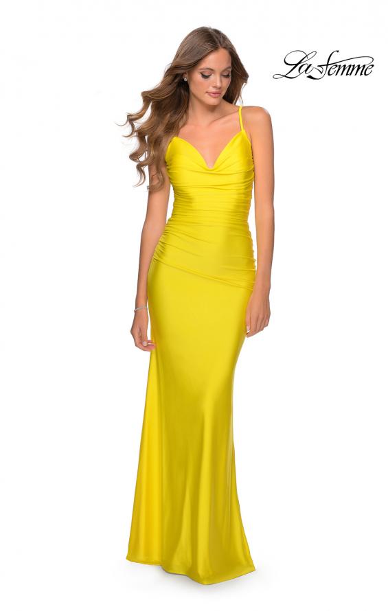 Picture of: Form Fitting Jersey Dress with Ruching and Strappy Back in Yellow, Style: 27501, Detail Picture 7