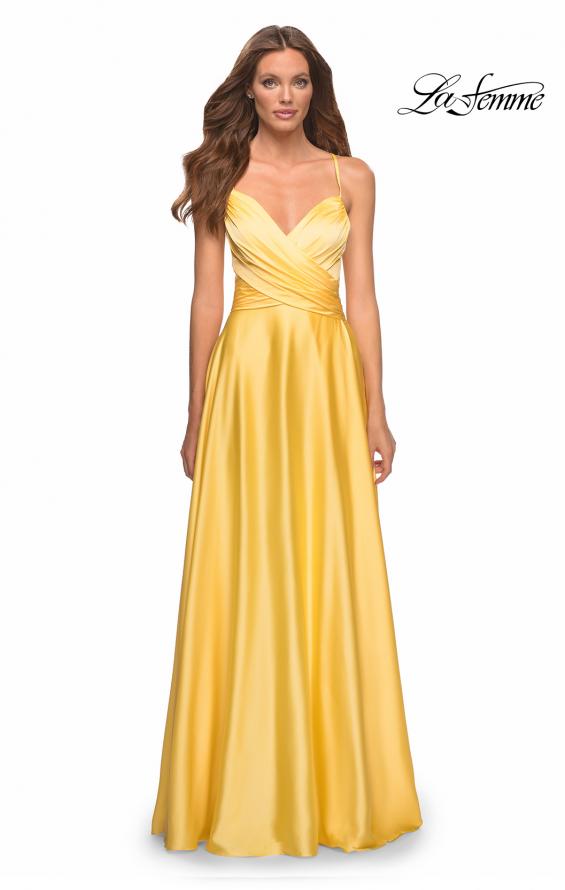 Picture of: Bright Satin Gown with Criss-Cross Ruched Top in Yellow, Style: 30662, Detail Picture 7