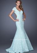 Picture of: Cap Sleeve Lace Mermaid Dress with Open Back in Blue, Style: 20117, Detail Picture 1