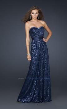 Picture of: Long Sequin Prom Dress with Satin Belt and Rhinestones in Navy, Style: 17059, Main Picture