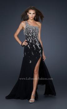Picture of: One Shoulder Chiffon Gown with Intricate Back and Slit in Black, Style: 17706, Main Picture