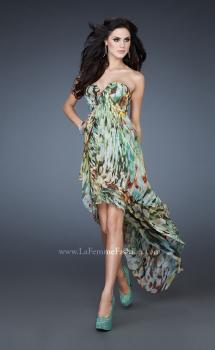 Picture of: Strapless Print Dress with High Low Hem and Pleating in Print, Style: 18078, Main Picture