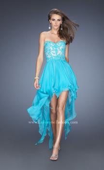 Picture of: Strapless High Low Prom Dress with Lace Overlay Bodice in Blue, Style: 19607, Main Picture