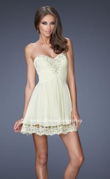 Picture of: Short Chiffon Prom Dress with Bedazzled Lace Underlay in Nude, Style: 19687, Main Picture