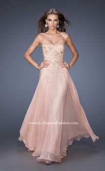 Picture of: Long Strapless Chiffon Prom Dress with Gold Jeweled Lace in Pink, Style: 20114, Main Picture