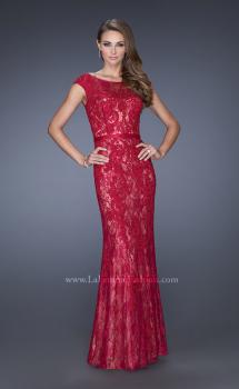 Picture of: Lace Evening Gown with Cap Sleeves and Ribbon Belt in Red, Style: 20394, Main Picture