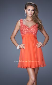 Picture of: Short Chiffon Prom Dress with Jeweled Lace Bodice in Orange, Style: 20631, Main Picture