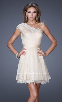 Picture of: One Strap Chiffon Cocktail Dress with Belt and Lace Trim in White, Style: 20663, Main Picture