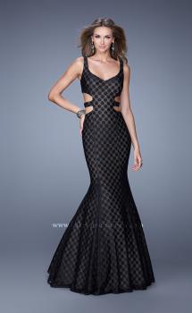 Picture of: Long Mermaid Gown with Polka Dot Lace Overlay in Black, Style: 20813, Main Picture