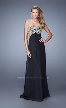 Picture of: Strapless Chiffon Gown with Metallic Lace Top and Slits in Black, Style: 20819, Main Picture