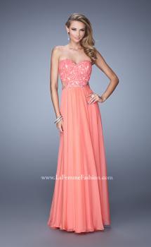 Picture of: Long Sweetheart Neck Gown with Lace Appliques and Belt in Coral, Style: 20822, Main Picture