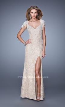 Picture of: Vintage Inspired Beaded Lace Gown with Cap Sleeves in Nude, Style: 20973, Main Picture
