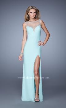 Picture of: Deep V Jersey Dress with Sheer Illusion Netting in Aqua, Style: 21020, Main Picture