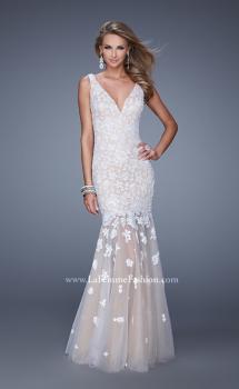 Picture of: Long Lace Prom Dress with Sheer Tulle Skirt and Lace in White, Style: 21105, Main Picture