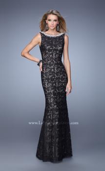 Picture of: Boat Neck Lace Dress with Lace Bow and Rhinestones in Black, Style: 21206, Main Picture