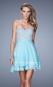 Picture of: Chiffon Cocktail Dress with Tiered Skirt and Lace Overlay in Blue, Style: 21284, Main Picture