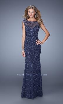 Picture of: Jersey Prom Dress with Sheer Net Overlay and Beads in Navy, Style: 21325, Main Picture