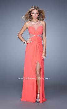 Picture of: Net Jersey Gown with Stones and Gathered Knot Detail in Coral, Style: 21355, Main Picture
