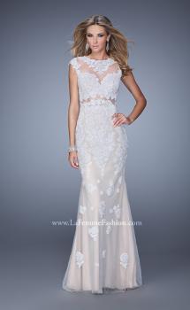Picture of: Long Cap Sleeve Prom Dress with Lace Appliques and Stones in Nude, Style: 21371, Main Picture