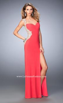 Picture of: Glam Jersey Prom Dress with Front Slit and Lace in Orange, Style: 21518, Main Picture
