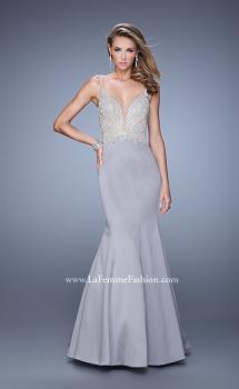 Picture of: Satin Mermaid Dress with V Neck and Metallic Detail in Silver, Style: 21522, Main Picture