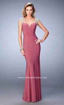 Picture of: Long Jersey Prom Dress with Lace Applique Sleeves in Rose, Style: 21529, Main Picture