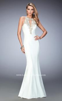 Picture of: Jersey Mermaid Gown with Metallic Lace Appliques in White, Style: 21607, Main Picture