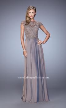 Picture of: Chiffon Dress with Lace Bodice and Cap Sleeves in Cocoa, Style: 21627, Main Picture