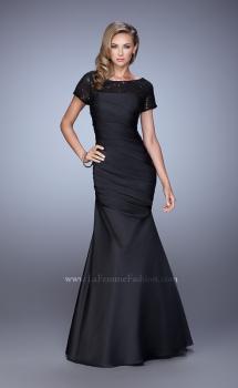 Picture of: Sheer Short Sleeve Satin Dress with Scoop Neckline in Black, Style: 21670, Main Picture