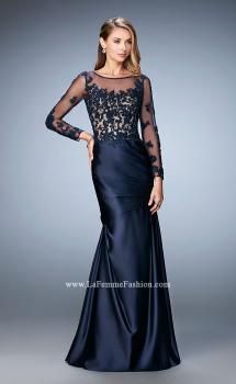 Picture of: Satin Dress with Long Sheer Net Sleeves and Beading in Blue, Style: 21708, Main Picture
