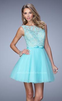 Picture of: Short Tulle Dress with High Neckline and Sheer Back in Blue, Style: 21835, Main Picture