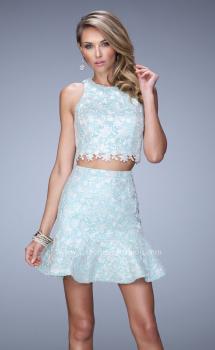 Picture of: Flared Skirt Two Piece Dress with Delicate Lace Trim in Blue, Style: 21873, Main Picture