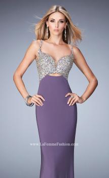 Picture of: Crystal Gem Encrusted Long Jersey Prom Gown in Purple, Style: 21968, Main Picture