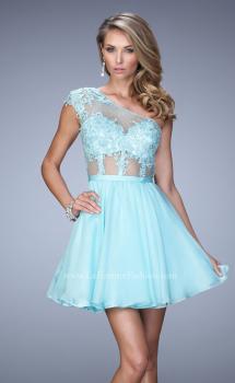 Picture of: One Shoulder Chiffon Dress with Full Skirt and Lace Trim in Blue, Style: 21992, Main Picture