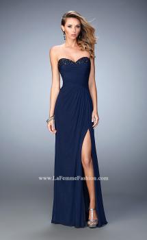 Picture of: Net Prom Gown with Gathered Bodice and Side Slit in Blue, Style: 22002, Main Picture