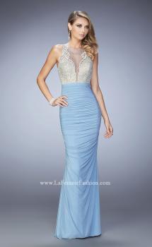 Picture of: Ruched Skirt and Sheer Neck Prom Gown with Rhinestones in Blue, Style: 22073, Main Picture