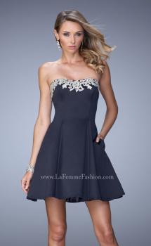 Picture of: Satin Short Dress with Lace Trim Neckline and Pockets in Blue, Style: 22101, Main Picture