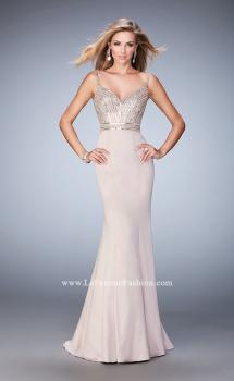 Picture of: Stretch Satin Gown with Train and Crystal Embellishments in Nude, Style: 22131, Main Picture