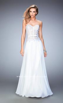 Picture of: Long Chiffon Gown with Rhinestone Lace and a Bow in White, Style: 22133, Main Picture