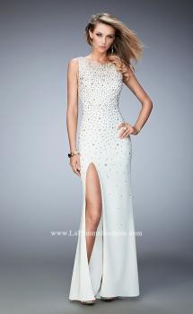 Picture of: Gold Metallic Embellished Jersey Prom Dress with Slit in White, Style: 22152, Main Picture