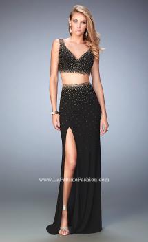 Picture of: V Neckline Two Piece Jersey Dress with Studs and Slit in Black, Style: 22249, Main Picture