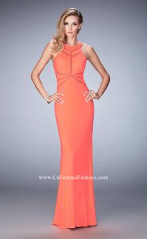 Picture of: Geo Cut Jersey Prom Dress with Sheer Racer Back in Orange, Style: 22259, Main Picture