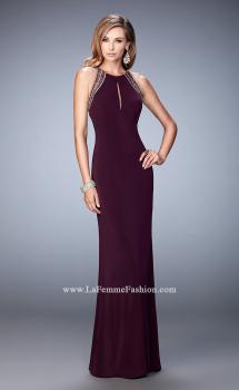 Picture of: Long Jersey Gown with Keyhole Slit and Embellishments in Purple, Style: 22264, Main Picture