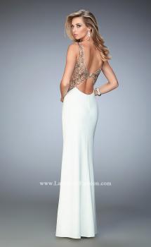 Picture of: V Neckline Jersey Prom Gown with Stone Flower Design in White, Style: 22290, Main Picture
